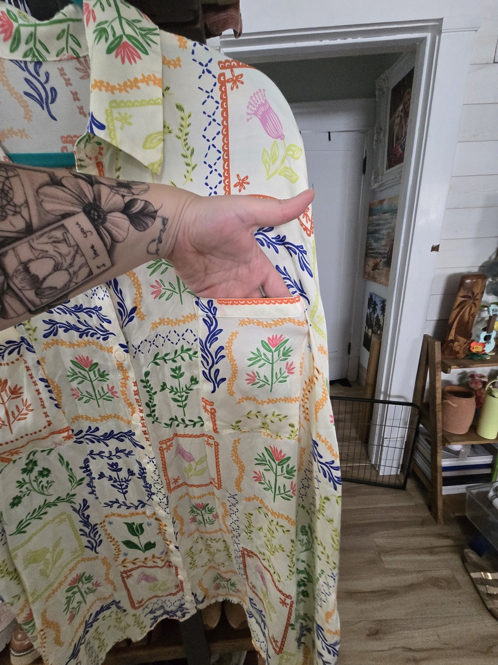Anthropologie Cream Multi-Color Printed Button-Up Shirt Dress - Picture 4 of 6